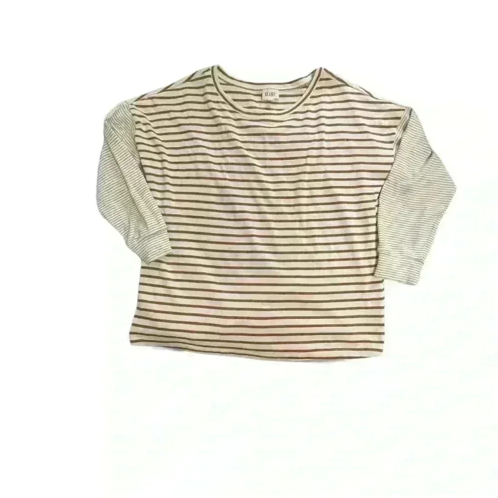 Bibi Womens Sweatshirt cream with brown stripes  Size L Soft Stretch  ss6
